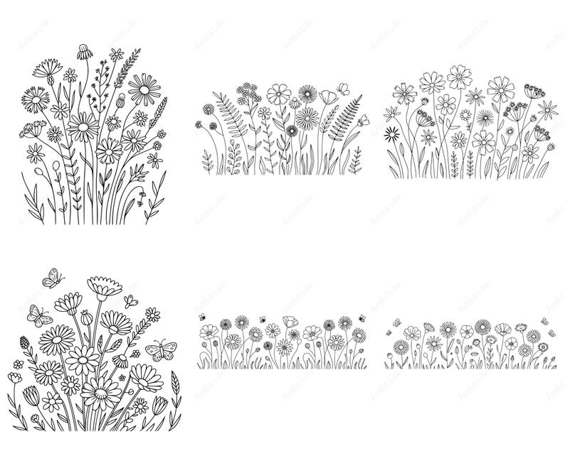 May include: Black and white line art illustrations of various wildflowers and grasses. The images depict detailed drawings of daisies, other flowers, and foliage, with some including butterflies. The style is reminiscent of botanical sketches.