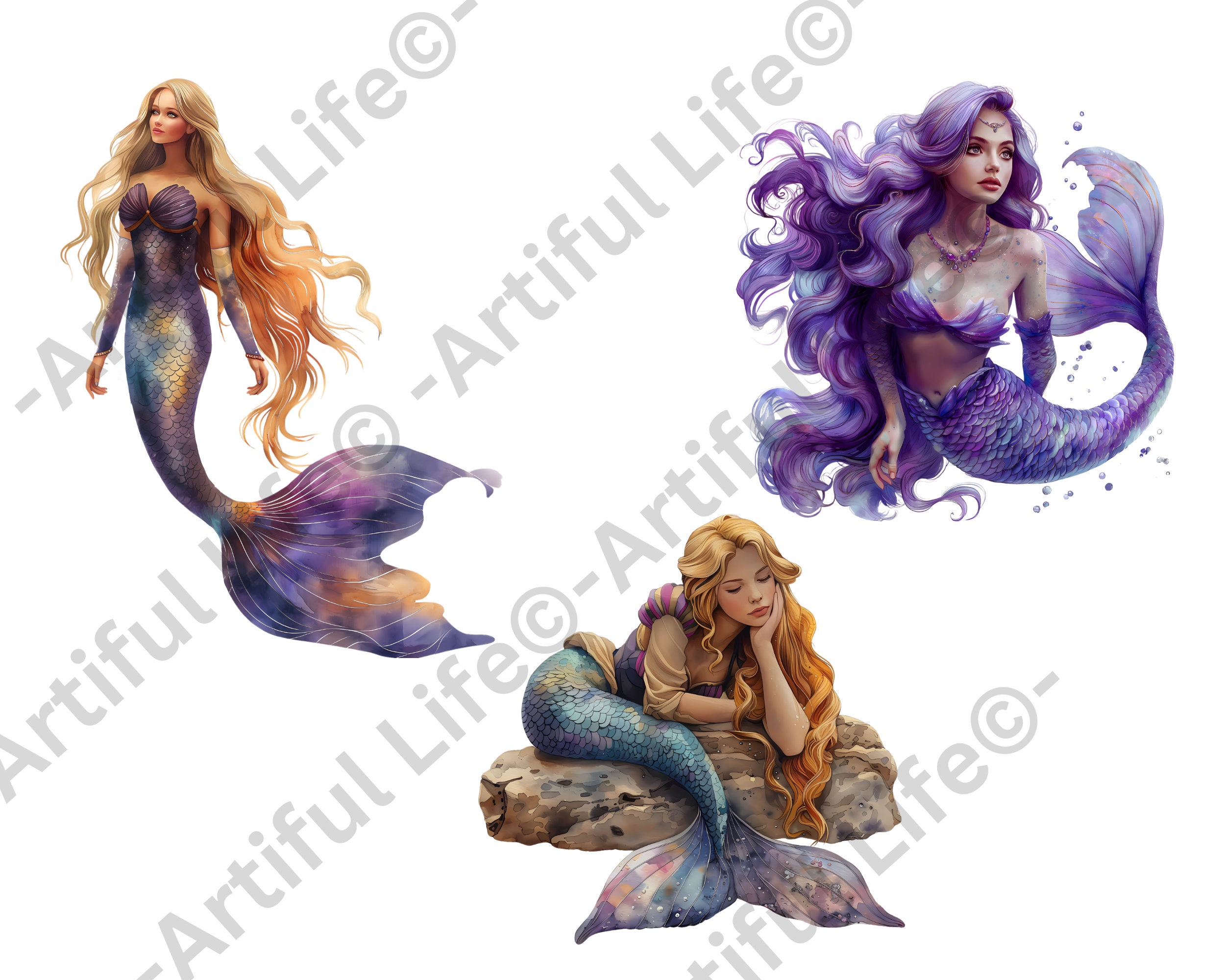 21 Watercolor Mermaid Clipart Bundle | Pretty Fashion Mermaids PNG ...