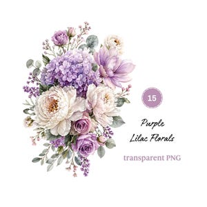 May include: Watercolor illustration of a floral bouquet featuring white peonies, purple hydrangeas, and lilac roses. The arrangement includes greenery and small purple flowers. Text reads "Purple Lilac Florals" and "transparent PNG".