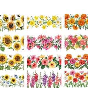May include: Nine watercolor floral border designs. The designs feature sunflowers with bees, daffodils, marigolds, azaleas, roses, hibiscus, zinnias, gladiolus, and gerbera daisies. Each border is a horizontal strip of flowers and foliage.