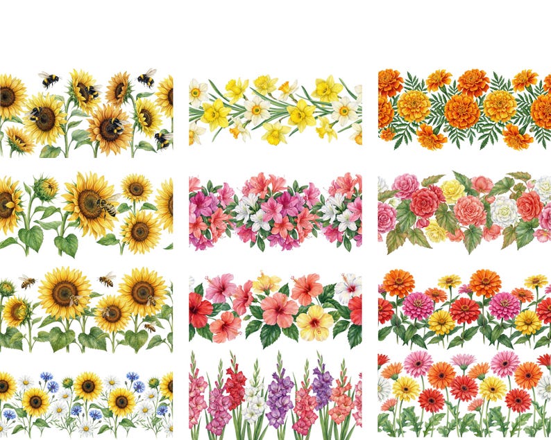 May include: Nine watercolor floral border designs. The designs feature sunflowers with bees, daffodils, marigolds, azaleas, roses, hibiscus, zinnias, gladiolus, and gerbera daisies. Each border is a horizontal strip of flowers and foliage.