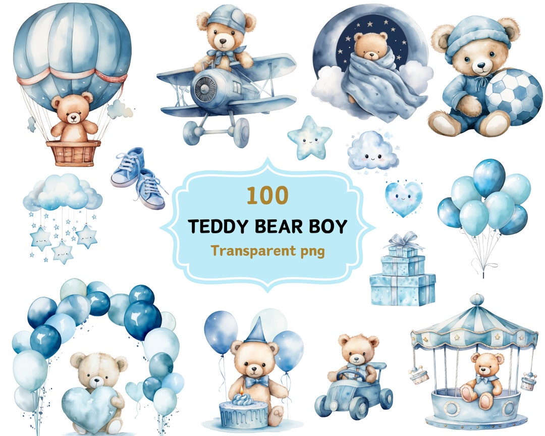Watercolor Blue Teddy Bear Clipart | Baby Shower for a Boy | 100 ...