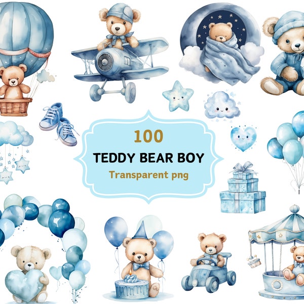 Watercolor Blue Teddy Bear Clipart | Baby Shower for a boy | 100 Transparent PNGs clipart | Instant Digital Download Commercial use