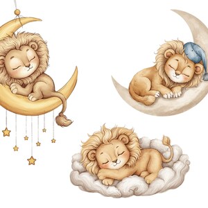 May include: Three illustrations of sleeping lion cubs. One cub rests on a golden crescent moon with hanging stars. Another sleeps on a beige moon with a blue cap. The third cub is nestled on a fluffy cloud.