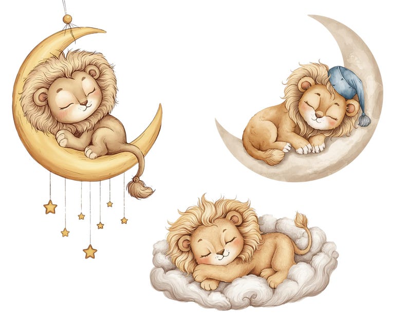 May include: Three illustrations of sleeping lion cubs. One cub rests on a golden crescent moon with hanging stars. Another sleeps on a beige moon with a blue cap. The third cub is nestled on a fluffy cloud.