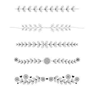 May include: A collection of five black and white floral and leaf border designs. The designs include simple leaf patterns, a line of leaves, and borders with flowers and hearts. These illustrations are perfect for adding a decorative touch to various projects.