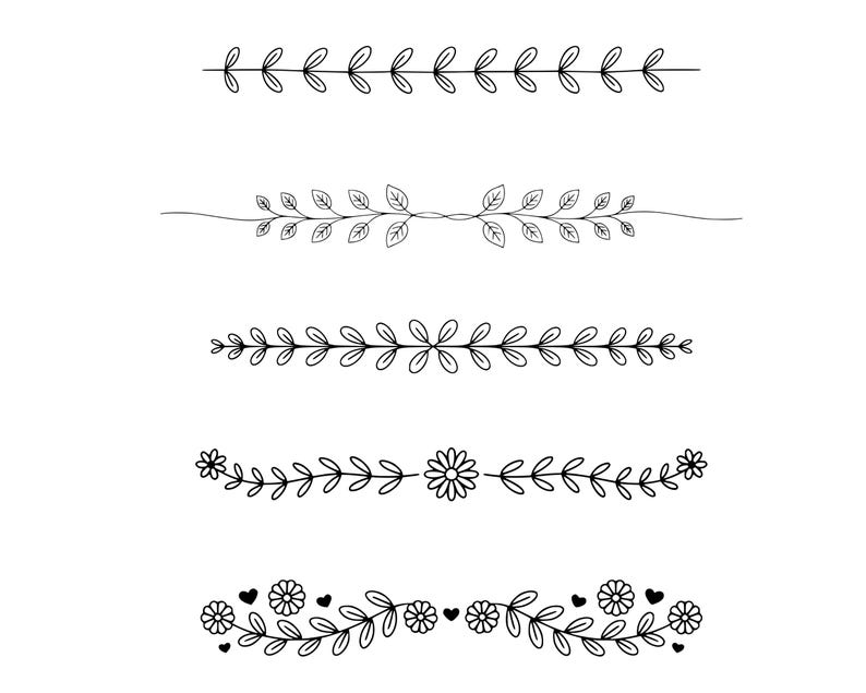 May include: A collection of five black and white floral and leaf border designs. The designs include simple leaf patterns, a line of leaves, and borders with flowers and hearts. These illustrations are perfect for adding a decorative touch to various projects.