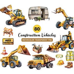 80 x Aquarell Clipart | Aquarell Baustellenfahrzeuge PNG | Baustellenfahrzeug Druck | Digitaler Download