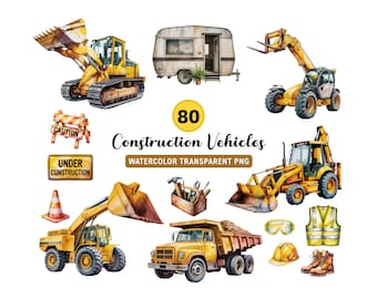 80 x Watercolor Construction Clipart | Watercolor Construction Vehicles PNG | Construction Vehicle Print | Digital Download