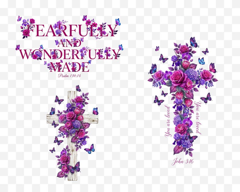 Puede incluir: Arte digital que presenta una cruz de madera adornada con flores y mariposas moradas y rosas. El texto "You are loved" y "John 3:16" son visibles. Tambi&eacute;n est&aacute;n presentes las palabras "Fearfully and Wonderfully Made" y "Psalm 139:14".