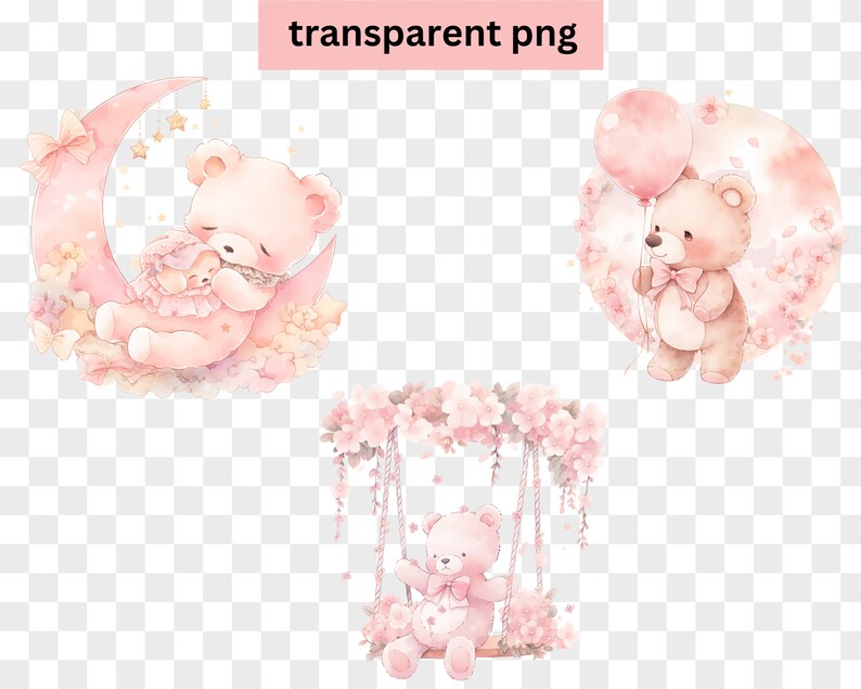 Cute Teddy Bear Clipart | Baby Shower for a Girl | 7 Transparent Pngs ...