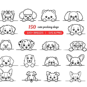 Könnte beinhalten: Schwarz-Weiß-Illustrationen verschiedener Hunderassen, die über eine Linie schauen. Der Text "150 cute peeking dogs" steht darüber, darunter "100+ BREEDS | SVG & PNG".