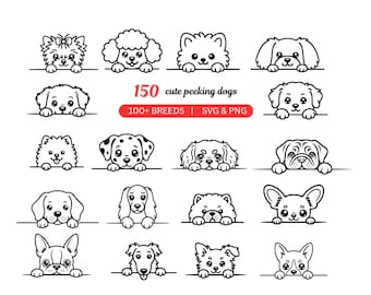 Puede incluir: Ilustraciones en blanco y negro de varias razas de perros asomándose por encima de una línea. El texto "150 cute peeking dogs" está encima, con "100+ BREEDS | SVG & PNG" debajo.