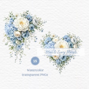 Puede incluir: Arreglos florales de acuarela en tonos azules y marfil. Un arreglo es un ramo de esquina, y el otro tiene forma de corazón. El texto "Blue & Ivory Florals" está en el arreglo en forma de corazón. La imagen también incluye el texto "Watercolor transparent PNGs".