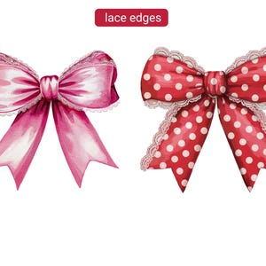 May include: Two watercolor illustrations of bows with lace edges. The first bow is pink with a white lace edge. The second bow is red with white polka dots and a white lace edge.