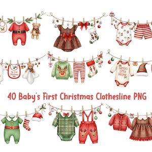 May include: A collection of baby clothes and accessories, including onesies, dresses, bibs, and hats, hanging on a clothesline. The clothes feature Christmas-themed designs, such as reindeer, Christmas trees, and Santa Claus outfits. The text "40 Baby's First Christmas Clothesline PNG" is visible.