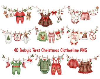 Watercolor Christmas Baby Clothesline Clipart Bundle | My First Christmas New Baby PNG | Baby Clothes | Christmas Clipart | Digital Download