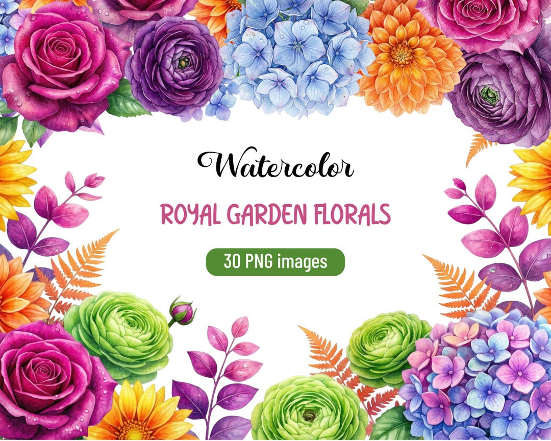 30 Garden Floral Clipart Bundle | Watercolor Pink Purple Flowers PNG ...
