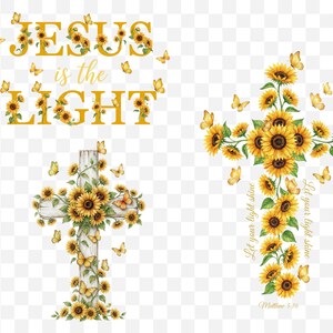 Puede incluir: Tres im&aacute;genes con dise&ntilde;os de tem&aacute;tica cristiana. Una imagen muestra el texto "JESUS is the LIGHT" con acentos de girasoles y mariposas. Dos im&aacute;genes representan cruces adornadas con girasoles y mariposas. Una cruz tiene el texto "Let your light shine" y "Matthew 5:16".