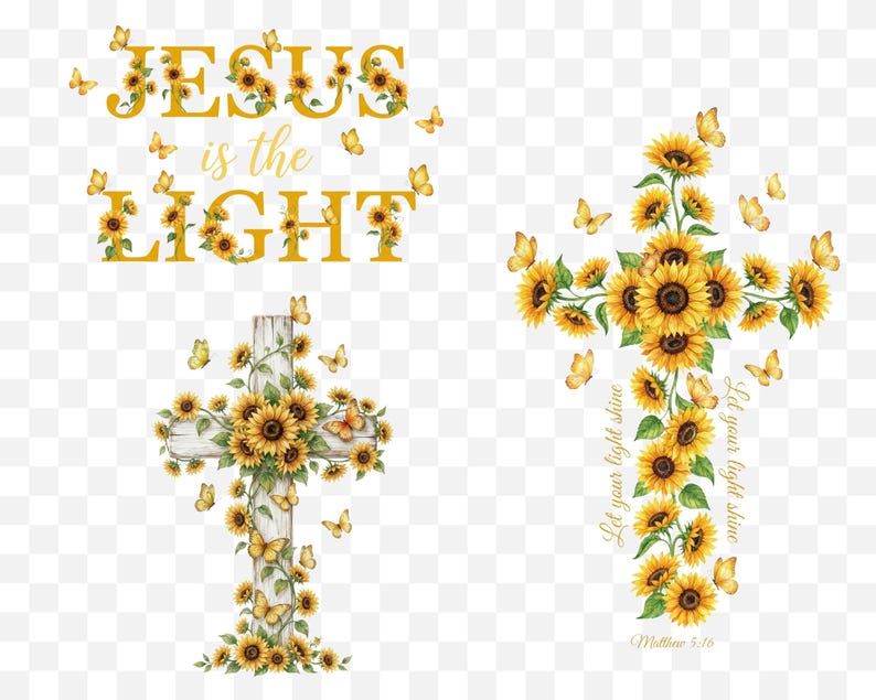 Puede incluir: Tres im&aacute;genes con dise&ntilde;os de tem&aacute;tica cristiana. Una imagen muestra el texto "JESUS is the LIGHT" con acentos de girasoles y mariposas. Dos im&aacute;genes representan cruces adornadas con girasoles y mariposas. Una cruz tiene el texto "Let your light shine" y "Matthew 5:16".