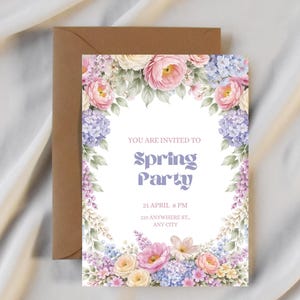 May include: A floral invitation with the text "YOU ARE INVITED TO Spring Party" in a soft purple font. The invitation is surrounded by watercolor flowers in pink, purple, and yellow. A brown envelope is behind the invitation.