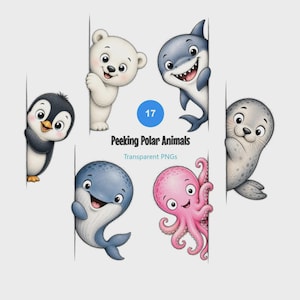 May include: A digital collection of 17 Peeking Polar Animals transparent PNGs featuring a cartoon penguin, polar bear, shark, whale, octopus, and seal. Each animal is illustrated in a friendly style, peeking from behind a vertical edge.