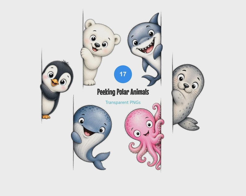 May include: A digital collection of 17 Peeking Polar Animals transparent PNGs featuring a cartoon penguin, polar bear, shark, whale, octopus, and seal. Each animal is illustrated in a friendly style, peeking from behind a vertical edge.