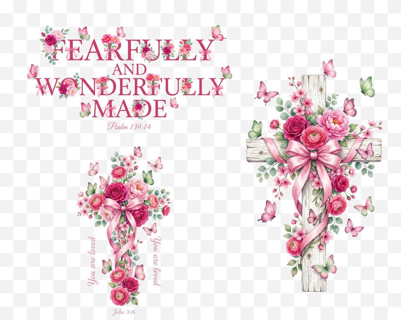 Puede incluir: Dise&ntilde;o de acuarela con una cruz de madera adornada con rosas rosas, peon&iacute;as y una cinta rosa. Tambi&eacute;n hay mariposas y el texto "FEARFULLY AND WONDERFULLY MADE". El dise&ntilde;o incluye los vers&iacute;culos b&iacute;blicos Salmo 139:14 y Juan 3:16.