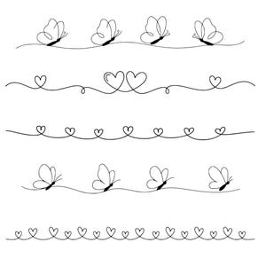 May include: Black and white line art featuring several decorative borders. The borders include butterflies and hearts, each drawn with a continuous line. The designs are simple and elegant, suitable for various creative projects.