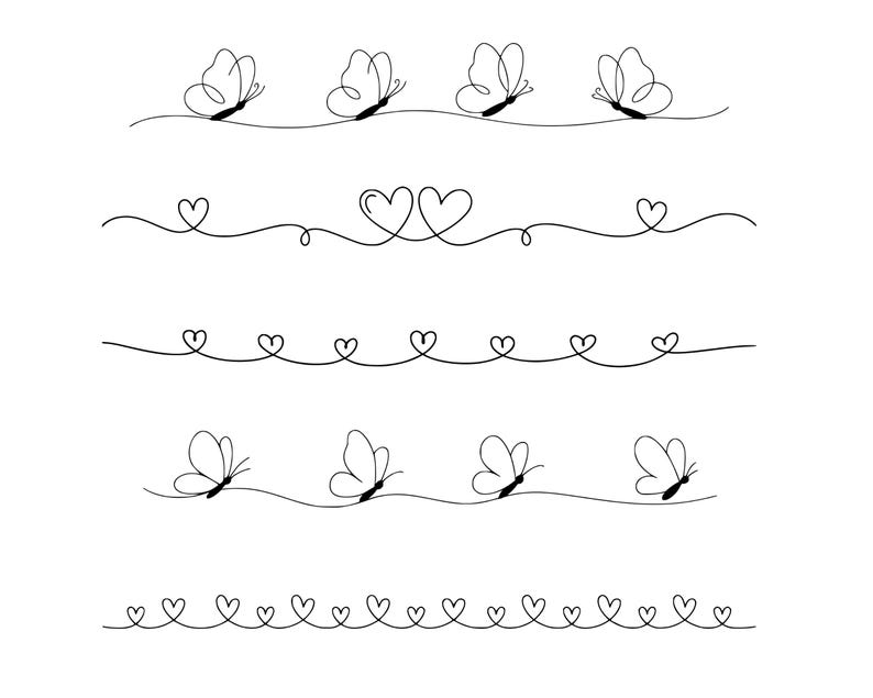 May include: Black and white line art featuring several decorative borders. The borders include butterflies and hearts, each drawn with a continuous line. The designs are simple and elegant, suitable for various creative projects.