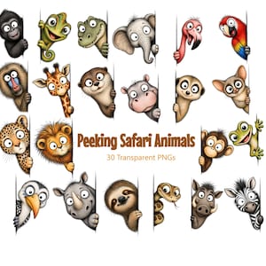 Puede incluir: Una colección de 30 imágenes PNG transparentes con animales de safari de dibujos animados asomándose por detrás de un borde blanco. Los animales incluyen un gorila, un camaleón, un cocodrilo, un elefante, un flamenco, un loro, un babuino, una jirafa, una nutria, un hipopótamo, un suricato, un lémur, un leopardo, un león, un mono, una rana, un búho, un rinoceronte, un perezoso, una serpiente, un jabalí y una cebra.