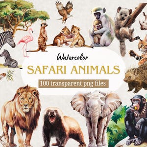 Watercolor Safari Animals clipart bundle | Digital Download | 100+ Transparent PNGs