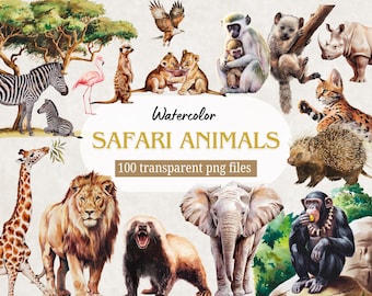 Pacchetto clipart di animali da safari ad acquerello / Download digitale / Oltre 100 PNG trasparenti
