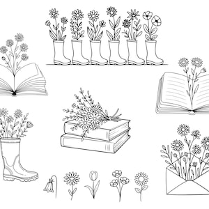 May include: Black and white line art illustrations of flowers and books. The image includes open books with flowers growing from them, flowers in rain boots, a bouquet on books, and individual flower drawings.
