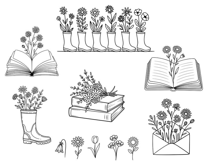 May include: Black and white line art illustrations of flowers and books. The image includes open books with flowers growing from them, flowers in rain boots, a bouquet on books, and individual flower drawings.