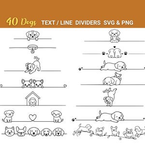 以下が含まれることがあります： 犬のイラストが描かれた白黒のラインディバイダー。画像には「40 Dogs TEXT / LINE DIVIDERS SVG & PNG」というテキストが含まれています。ディバイダーは、さまざまな犬種とポーズを示しています。
