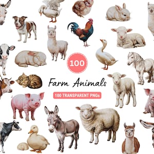 Clipart animaux de ferme | Lot de 100 animaux de la ferme réalistes | Téléchargement numérique | Animaux de la ferme | PNG transparents