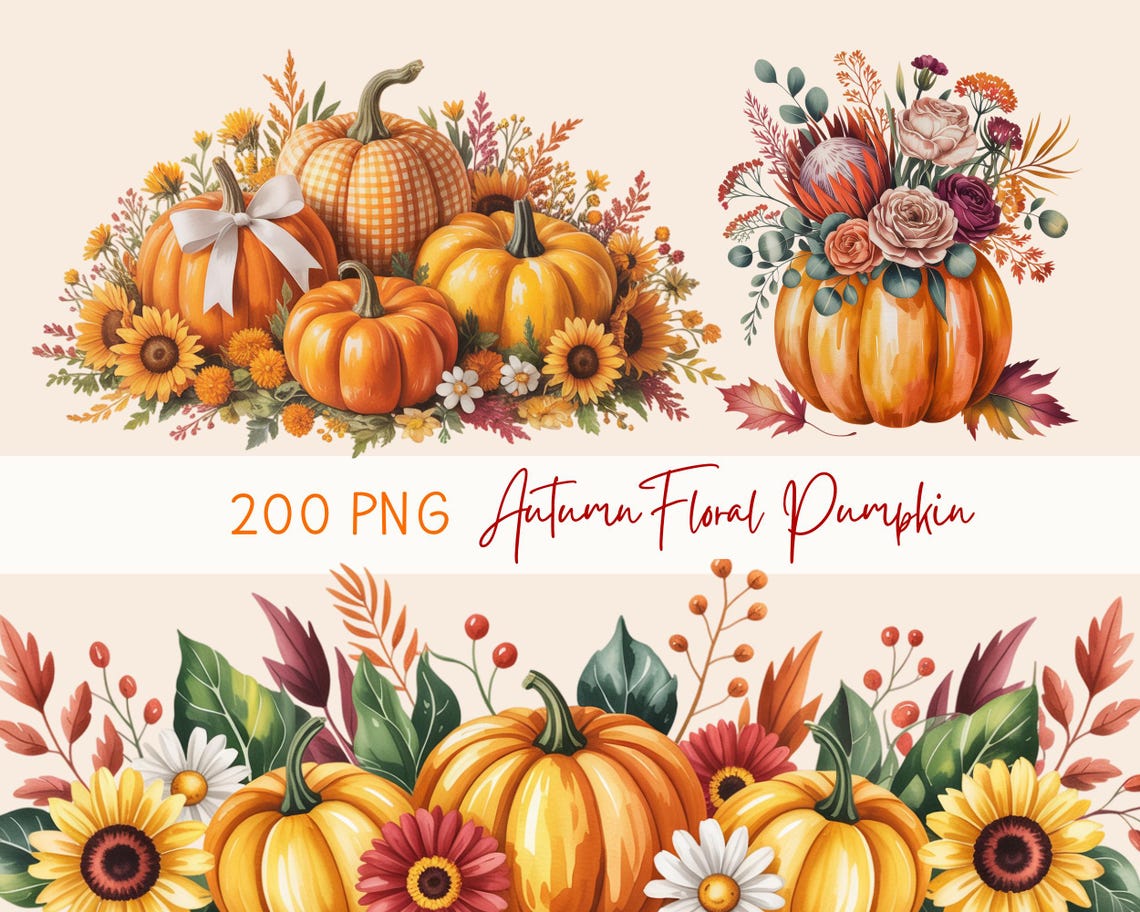 120 Watercolor Floral Pumpkin PNG | Autumn Clipart | Watercolor Pumpkin ...