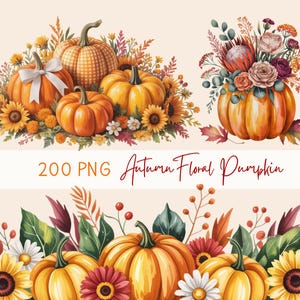 Puede incluir: Ilustración en acuarela con calabazas, girasoles y arreglos florales. La imagen incluye varias calabazas naranjas, algunas con lazos y otras con arreglos florales. También está presente el texto "200 PNG Autumn Floral Pumpkin".