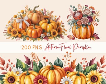 120 Aquarelle florale de citrouille PNG | Clipart automne | Clipart citrouille aquarelle PNG | Téléchargement numérique