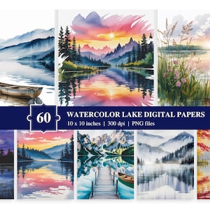 60 Lake Landscape Digital Paper PNG | Watercolor River View Printable Images | Watercolor Landscape | Digital Download | Nature Scrapbooking