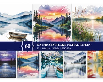 60 Lake Landscape Digital Paper PNG | Watercolor River View Printable Images | Watercolor Landscape | Digital Download | Nature Scrapbooking