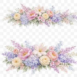 May include: Watercolor floral arrangement featuring a variety of flowers in shades of pink, yellow, and purple. The arrangement includes roses, peonies, and other blossoms, with green foliage. The flowers are arranged in a decorative, symmetrical design.