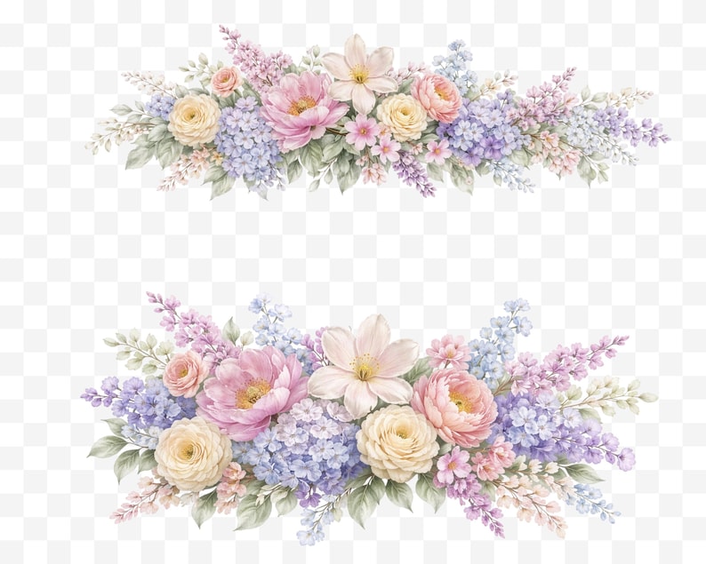 May include: Watercolor floral arrangement featuring a variety of flowers in shades of pink, yellow, and purple. The arrangement includes roses, peonies, and other blossoms, with green foliage. The flowers are arranged in a decorative, symmetrical design.