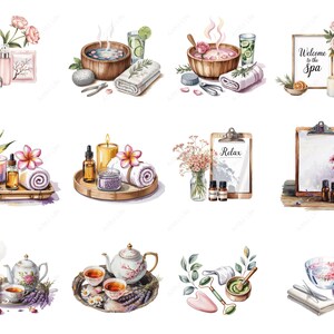 May include: Watercolor illustrations of spa and relaxation items. The images include essential oils, candles, flowers, towels, teacups, and a teapot. Some images have text that says "Welcome to the Spa" and "Relax". The color palette is soft and inviting.