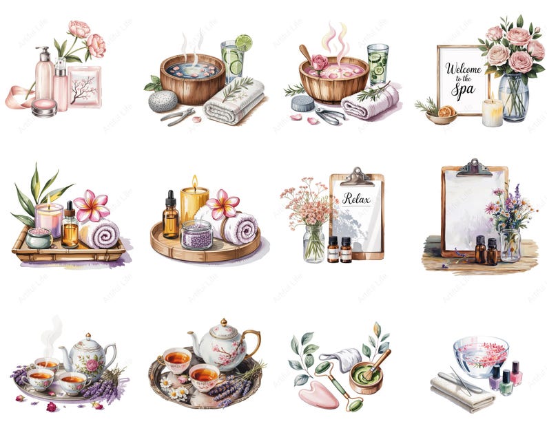 May include: Watercolor illustrations of spa and relaxation items. The images include essential oils, candles, flowers, towels, teacups, and a teapot. Some images have text that says "Welcome to the Spa" and "Relax". The color palette is soft and inviting.