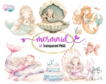 Cute Watercolor Mermaid Clipart Bundle | Cute Mermaids PNG | Cute Mermaid Cakes | Digital Download
