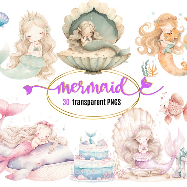 Cute Watercolor Mermaid Clipart Bundle | Cute Mermaids PNG | Cute Mermaid Cakes | Digital Download