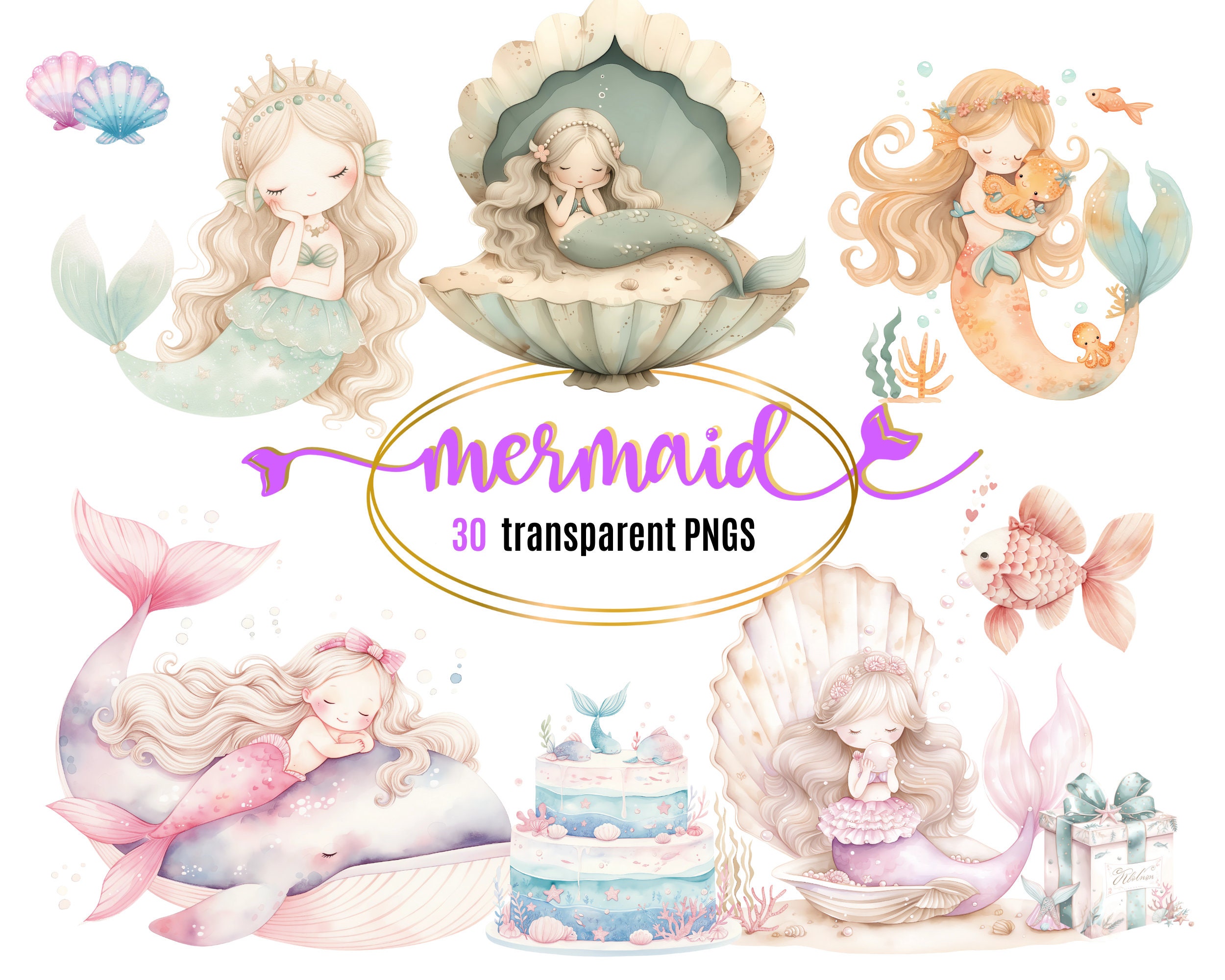 Cute Watercolor Mermaid Clipart Bundle | Cute Mermaids PNG | Cute ...