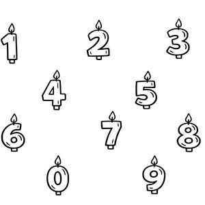 May include: Black and white line art of birthday candles numbered 0 through 9. Each candle has a flame at the top. The candles are in a simple, minimalist style, perfect for birthday celebrations.
